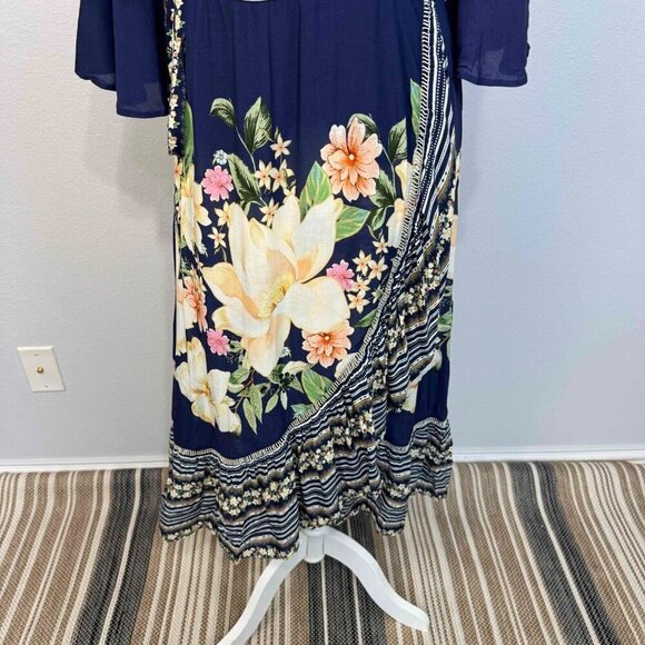 Farm Rio Anthropologie‎ Midnight Flower Wrap Dress 3/4 Sleeves Blue SP - Picture 5 of 16